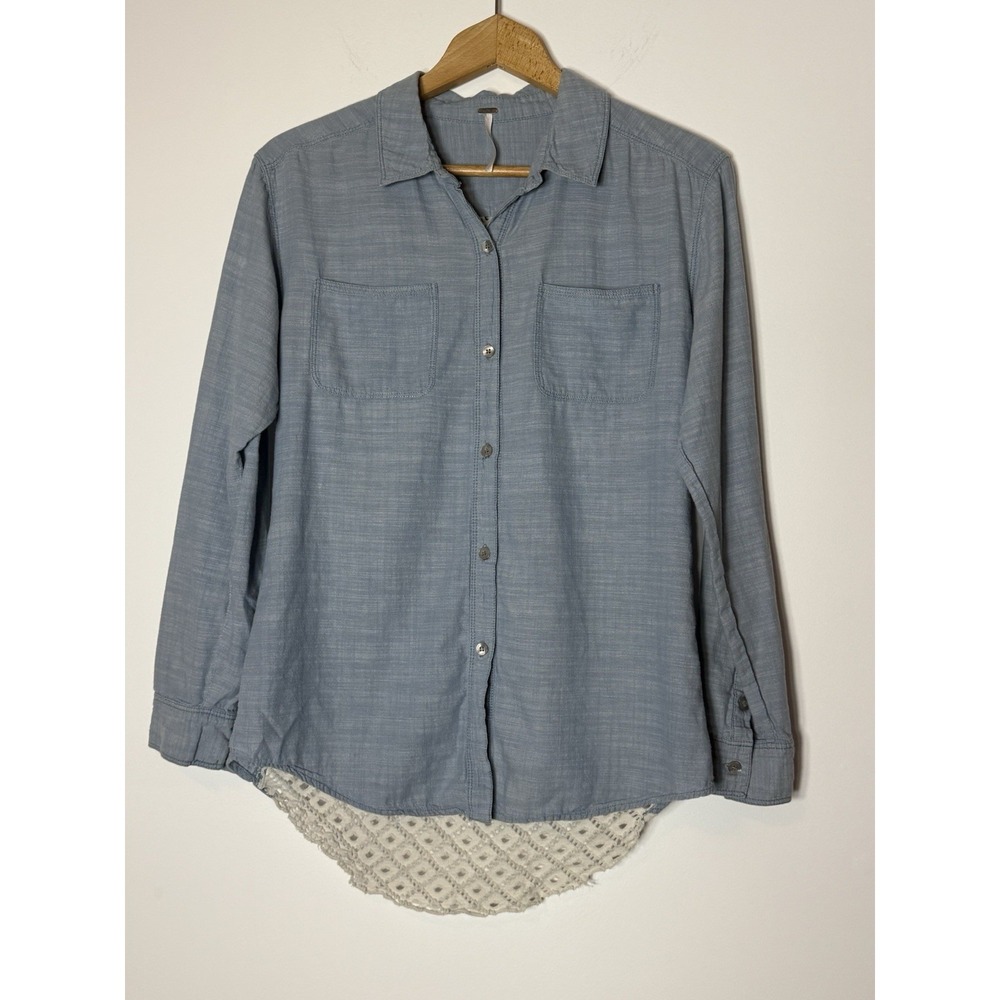 Free People‎ Womens Slubby Road Trip Chambray Lace Eyelet Back Boho Size Small